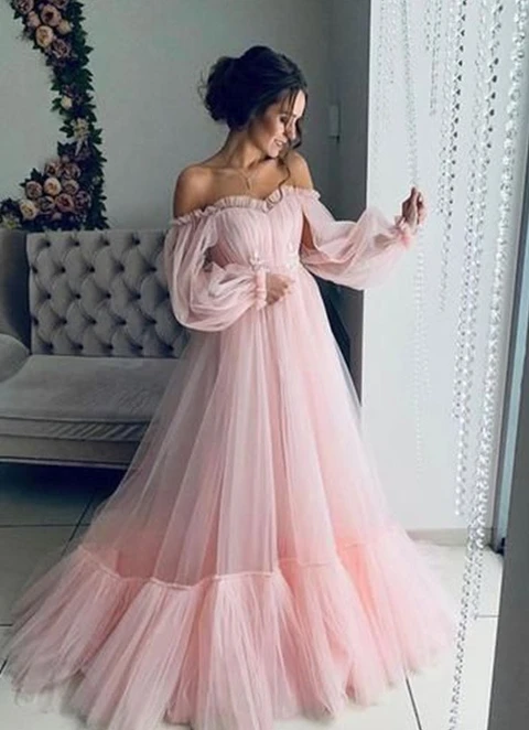 A-line/princess Tulle Applique Off-the-shoulder Long Sleeves Floor-length Dresses