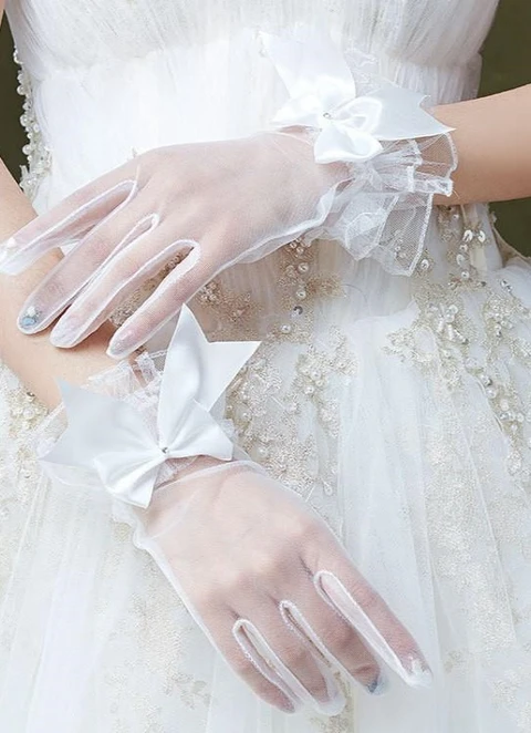 Short Mesh Lace Five Finger Flower Bridal Gloves